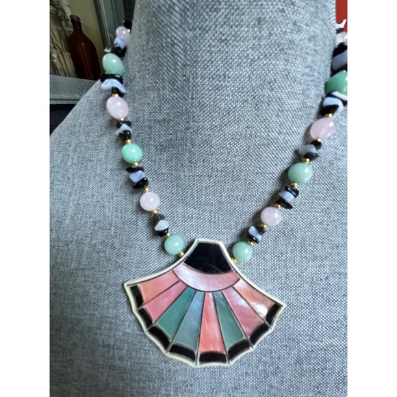 Vintage LEE SANDS Abalone Shell Inlay Fan Shape Statement Necklace Rose Quartz J - Picture 6 of 6